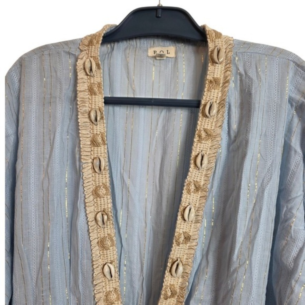 POL Cardigan Women Large Blue Gold Metallic Lace Shell Trim Boho SMQG2 - Picture 5 of 17